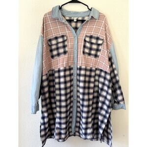 Cato Plaid Button Down Tunic 22/24W Cotton Chambray Contrast